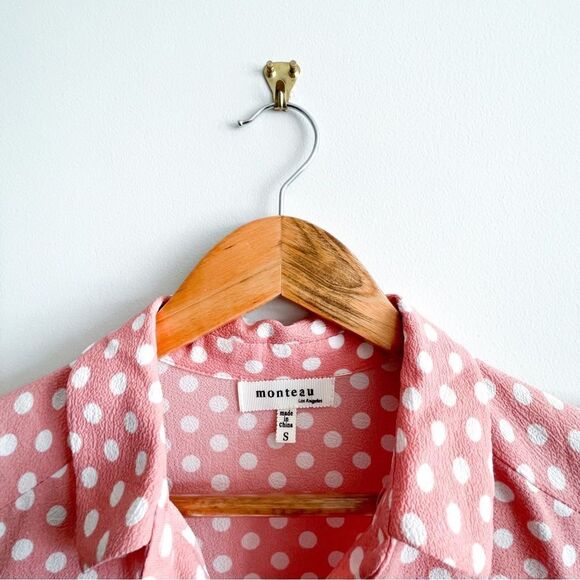 Monteau Dress Pink White Polka Dot Short Sleeved Button Up Fit & Flare Women's S - Picture 5 of 9